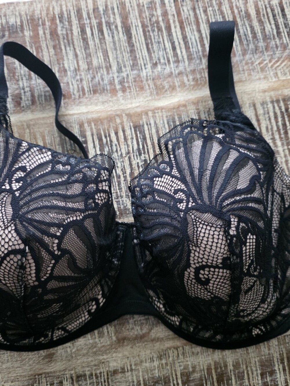 Felina Black Lace Underwire Bra with Sheer Overlay